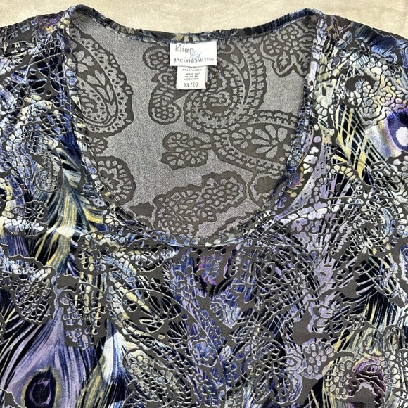 VTG Velvet Burnout Peacock Feather Print Stretch Top XL - Picture 7 of 13